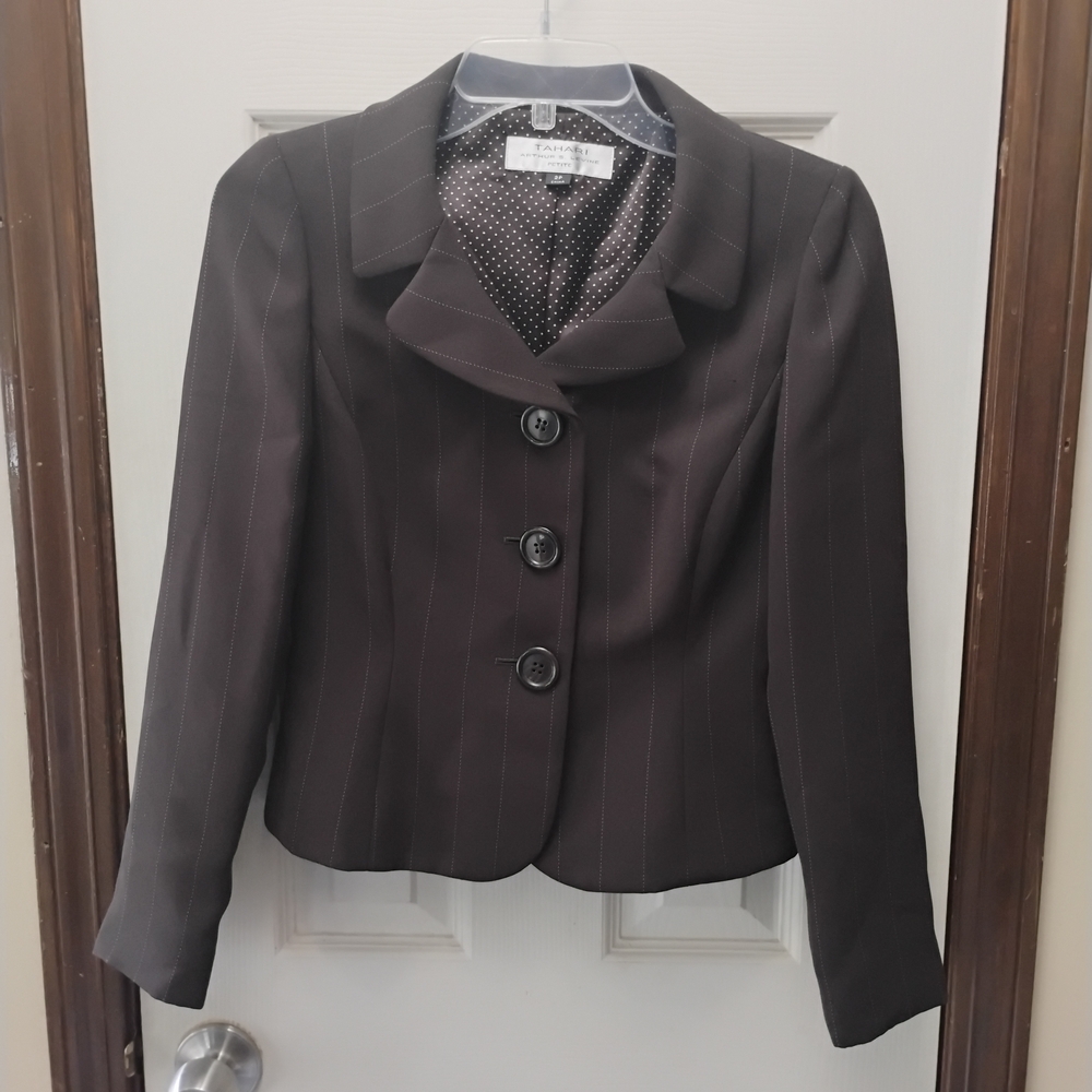 Tahari Dark Brown Pinstripe Blazer Suit